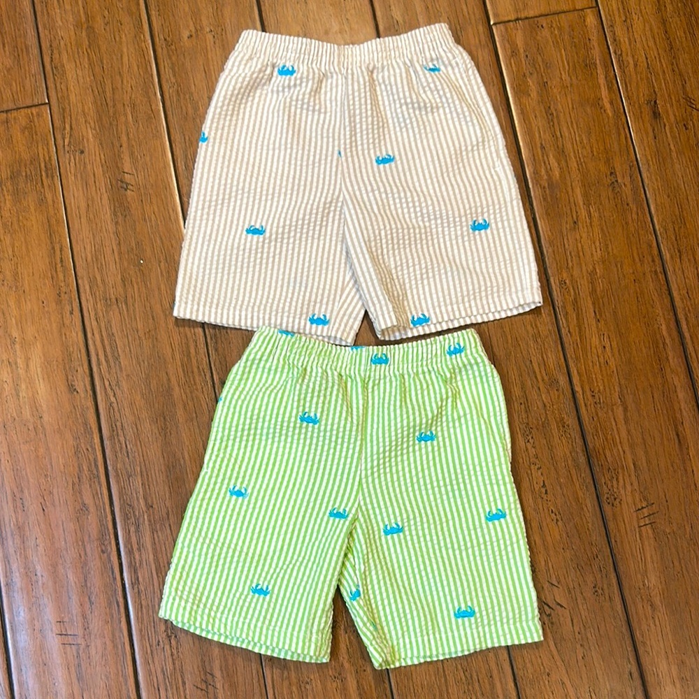 Kelly’s Kids Seersucker Shorts Boy 4/5 Lot of 2 Two Pairs Bottoms Green Tan Crab